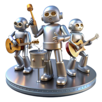 serene rustic A group of robots playing musical instruments, polished metallic surfaces and dynamic poses, stage lighting high quality png