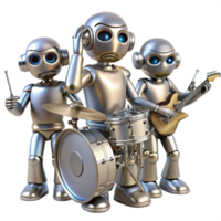 vibrant abstract A group of robots playing musical instruments, polished metallic surfaces and dynamic poses, stage lighting detailed png