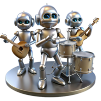 impressive artistic A group of robots playing musical instruments, polished metallic surfaces and dynamic poses, stage lighting authentic png