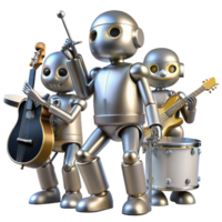 stunning artistic A group of robots playing musical instruments, polished metallic surfaces and dynamic poses, stage lighting exclusive png