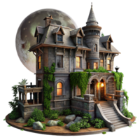 dramatic vintage A crumbling Victorian mansion, overgrown with ivy, dimly lit by a full moon, eerie atmosphere, digital painting style professional png