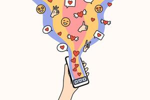 Social network in phone in child hand, with stream of hearts and comments or positive gestures vector