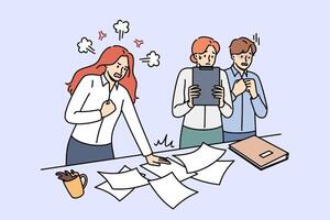 Angry woman manager shouts at frightened employees because of mistake or chaos in documents vector