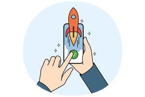 Hands and phone with rocket symbolizing fast internet and high-quality network for using mobile apps vector
