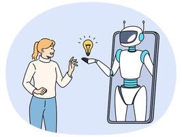 Woman communicates with AI chat bots on phone through application and uses artificial intelligence vector