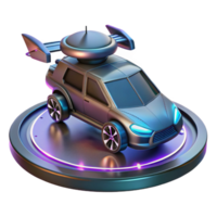 magnificent rustic A futuristic flying car parked on a rooftop helipad, cityscape background, neon lights, cyberpunk style genuine png