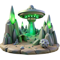 serene contemporary A desolate alien landscape with strange rock formations and a single futuristic building, eerie green lighting, sci-fi art detailed png
