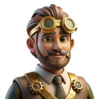 extraordinary contemporary Portrait of a steampunk inventor with goggles, intricate gears and clockwork mechanisms embedded in their skin. Warm, golden lighting, hyperrealistic style premium png