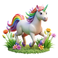 stunning abstract A majestic unicorn with a rainbow mane galloping across a field of wildflowers, bright and cheerful lighting, fantasy art style detailed png