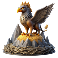 serene artistic A majestic griffin protecting its nest atop a mountain peak, dramatic and imposing lighting, realistic style high quality png