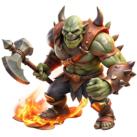 stunning vintage A fierce orc warrior wielding a flaming axe, charging through a storm of swirling embers, in a gritty, dark fantasy style 4K png