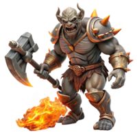 beautiful vintage A fierce orc warrior wielding a flaming axe, charging through a storm of swirling embers, in a gritty, dark fantasy style authentic png