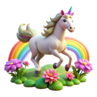 impressive modern A majestic unicorn galloping through a field of enchanted flowers, illuminated by a rainbow, in a vibrant, surreal style 4K png