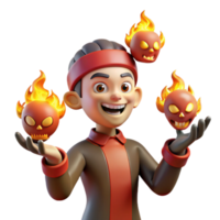 extraordinary traditional A mischievous imp juggling flaming skulls, illuminated by hellfire, in a grotesque, cartoon style premium png