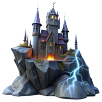 dramatic contemporary A haunted castle perched on a craggy cliff, illuminated by lightning, in a gothic horror style exclusive png