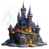 vibrant modern A haunted castle perched on a craggy cliff, illuminated by lightning, in a gothic horror style professional png