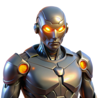 serene minimalist A cyborg with glowing eyes and mechanical implants, dark background, dramatic lighting from above authentic png