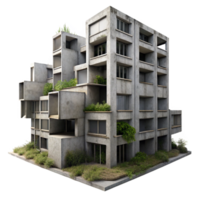 serene rustic Brutalism inspired concrete apartment complex, overcast sky, muted color palette, weeds growing in cracks, photorealistic style high quality png
