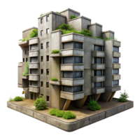 magnificent classic Brutalism inspired concrete apartment complex, overcast sky, muted color palette, weeds growing in cracks, photorealistic style authentic png