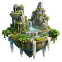 beautiful rustic A floating island with cascading waterfalls and lush vegetation, ancient ruins overgrown with vines, fantasy art style, dramatic lighting premium png