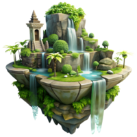 stunning modern A floating island with cascading waterfalls and lush vegetation, ancient ruins overgrown with vines, fantasy art style, dramatic lighting premium png