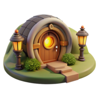 impressive minimalist A cozy hobbit hole built into a hillside, warm firelight glowing through the round window, fantasy art style authentic png