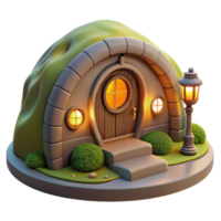 impressive modern A cozy hobbit hole built into a hillside, warm firelight glowing through the round window, fantasy art style premium png