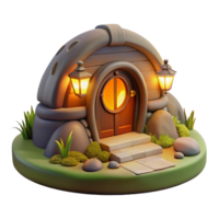 impressive classic A cozy hobbit hole built into a hillside, warm firelight glowing through the round window, fantasy art style premium png
