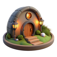 beautiful artistic A cozy hobbit hole built into a hillside, warm firelight glowing through the round window, fantasy art style premium png