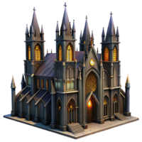 stunning rustic A towering gothic cathedral with intricate stained glass windows and gargoyles, dramatic lighting, dark fantasy style high quality png