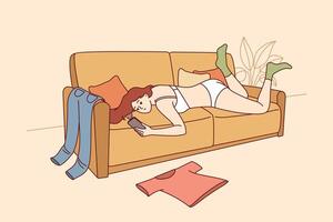 Lazy woman in underwear lies on sofa and uses phone, not paying attention to chaos in apartment vector