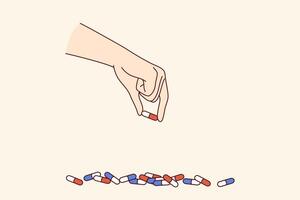Medicinal capsules in hand of man experiencing problems with addiction to volitional drugs vector