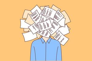 Man suffering from bureaucracy and paperwork, stands with bunch of documents instead of face vector