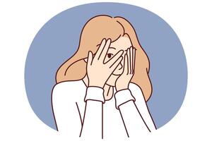 Woman covers eyes with hands and peeps, refusing to see unpleasant things and hiding from problems vector