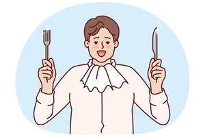 Fat man with napkin around neck holds fork and knife and prepares for hearty dinner and eating vector