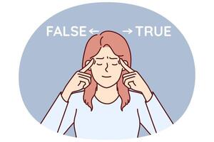 Woman near inscriptions false and true reflects trying to choose from two options and make decision vector