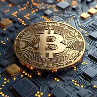 Bitcoin Symbol on Circuit Board Reflecting Cryptocurrency Technology photo