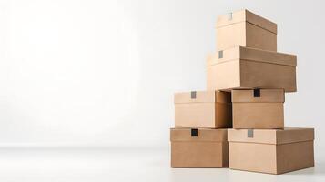 A collection of cardboard boxes neatly stacked in a simple setting photo