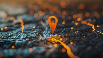 Abstract Digital Location Map with Geolocation Pin and Glowing Routes photo