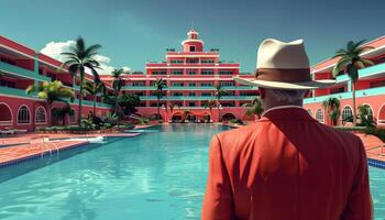 Man in a fedora stands by pool in front of pink building photo