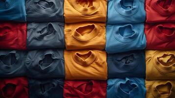 A stack of various colored sweaters in a rectangular arrangement photo