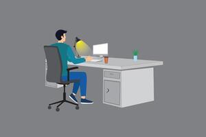 A man working in a office desk using a laptob . vector