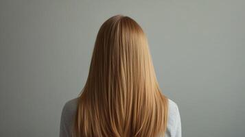 Person wearing a gray shirt with long, flowing golden hair cascading down their back, viewed from behind in front of a plain background. photo