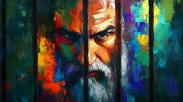 Captivating portrait of a man with a beard peering through bars, rendered in a vibrant, colorful palette with an oil painting style. photo