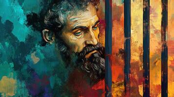 A vibrant painting of a man with a beard and thoughtful expression, set against a backdrop of colorful, abstract vertical stripes. photo