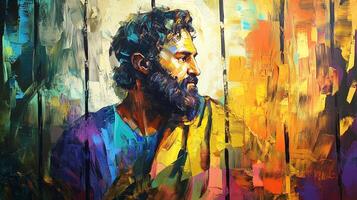 Painted portrait of a man with a beard looking to the right, rendered in an impressionistic, impasto style with bold brushstrokes. photo