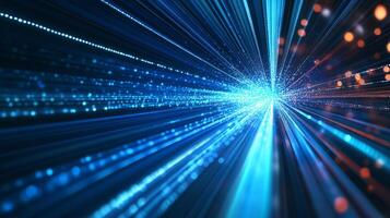 Abstract representation of speed and flow with radiant blue lines converging towards a bright central point, symbolizing connectivity. photo