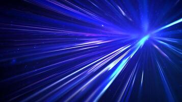 Abstract blue and purple light streaks emanating from a central point, creating a sense of speed and futuristic journey through space. photo