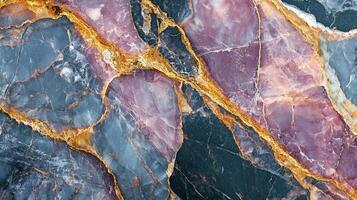 Abstract Marble Texture with Gold Veins. Detailed pattern with colorful marble effect in shades of purple, gold, and charcoal. Stone backdrop. photo