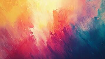 An abstract painting of flowing colors, blending from warm yellows and oranges to vibrant reds, purples, and blues. Soft texture and brushstrokes photo